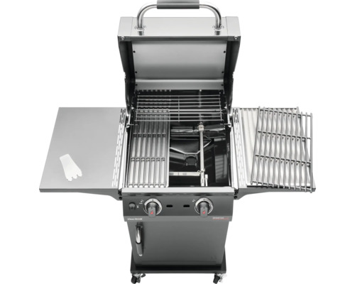 Gasgrill mit geöffnetem Deckel, Grillrosten und Seitentisch