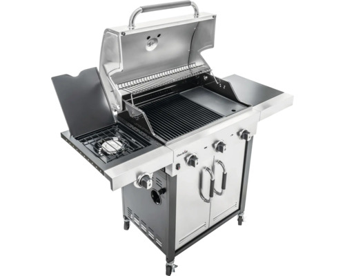 Offener Gasgrill mit Seitenbrenner und Stauraum