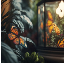 Dekorative Szene mit Schmetterling, Blättern und beleuchteter Glasvitrine