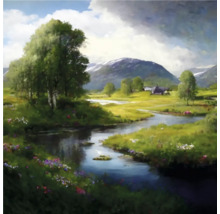 Gemälde einer Landschaft mit Fluss und Bergen