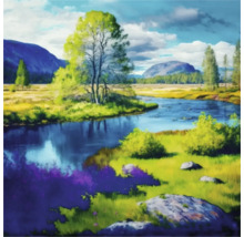 Gemälde einer ruhigen Flusslandschaft mit Bäumen und Bergen