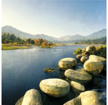 Flusslandschaft mit Steinen im Vordergrund und Bergen im Hintergrund
