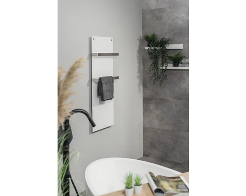 Badezimmer mit Badewanne, Handtuchheizkörper und Dekoration