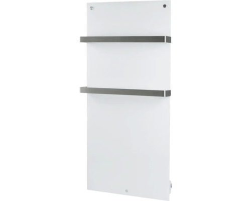 Elektrischer Badheizkörper Eurom Sani 1000 137x62x6,5 cm 1000 Watt mit WiFi und Fernbedienung weiß Weißer Glasheizkörper mit zwei Handtuchhaltern aus Edelstahl