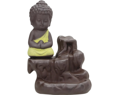 Aquariumdeko AquaParts Tempelfigur feed the Shrimp gelb ca. 7 x 5,5 x 11,5 cm Buddha Figur mit Wasserfall als Räuchergefäß