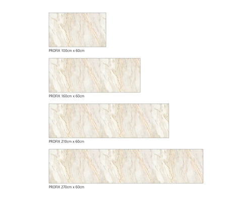 Verschiedene Größen von Profix Arbeitsplatten mit Marmoroptik