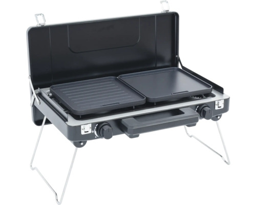 Tischgrill TENNEKER Solaris TG 2-flammig mit zwei Grillplatten und Tasche Tragbarer Gaskocher mit zwei Kochfeldern und Grillplatte