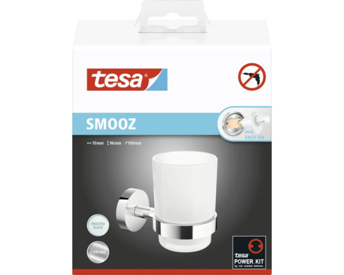 Tesa Smooz Zahnputzbecher zur Wandmontage mit Milchglas und Chromapplikationen in Verpackung