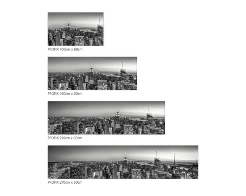 Mehrere Profix Wandbilder mit einem Schwarzweiß-Motiv von New York in verschiedenen Größen.