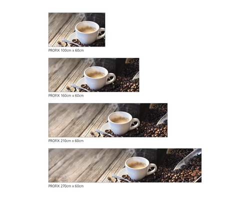 Profix Küchenrückwand mit Kaffeetasse und Kaffeebohnen in verschiedenen Größen