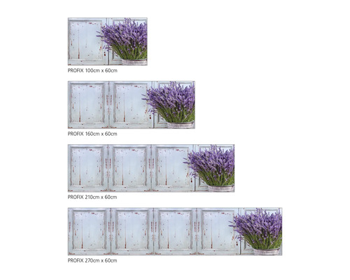 Dekorative Küchenrückwandfolie mit Lavendelmotiv in verschiedenen Größen.