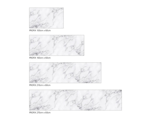 Verschiedene Größen der Profix Klebefolie mit Marmoroptik, 100 cm x 60 cm bis 270 cm x 60 cm.