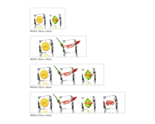 Profix Küchenrückwand mit Zitrusfrüchten und Eiswürfel in verschiedenen Größen