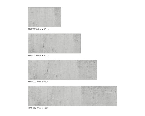 Betonplatten in verschiedenen Größen: 100 cm x 60 cm, 160 cm x 60 cm, 210 cm x 60 cm, 270 cm x 60 cm.