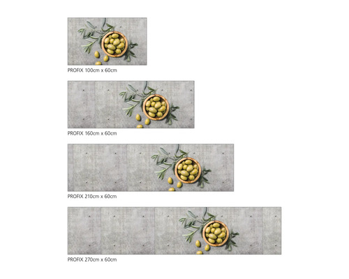 Verschiedene Größen der PROFIX Küchenrückwand mit Olivenmotiv