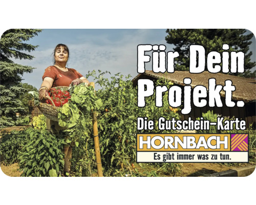 Frau mit Korb voller Tomaten im Garten vor dem Hornbach Gutschein-Karte Banner