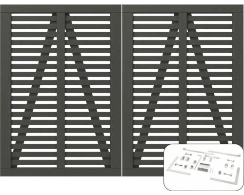 Zwei Holztore mit horizontalen Lamellen und Montagezubehör