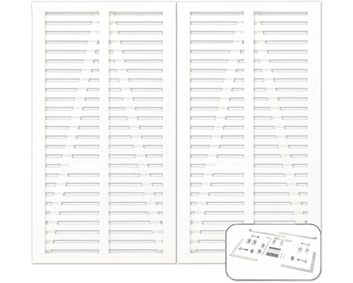Weiße Fensterläden mit Lamellen und Beschläge-Set