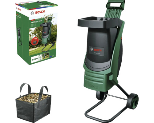 Bosch AXT Rapid 2000 Gartenhäcksler mit Auffangsack und Produktverpackung Bosch AXT Rapid 2000 Gartenhäcksler mit Auffangsack und Produktverpackung