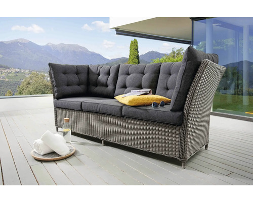 Loungesofa Destiny PALMA 3-Sitzer, inkl. Auflagen, Polyrattan, vintage grau Geflochtene Outdoor Loungegruppe mit grauen Polstern und Kissen vor Bergkulisse