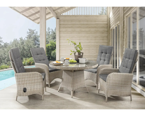Sitzgruppe Destiny PALMA LUNA 4 Hochlehner + Tisch Ø100x75cm, natur meliert Gartensitzgruppe mit vier Sesseln und einem runden Tisch auf einer Terrasse