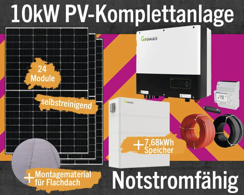 PV-Komplettanlage 7,68 kWp (notstromfähig) 10 kWp inkl. Hybrid-Wechselrichter + Zubehör für Flachdach Solarmodul-Set Anzahl Module 24 Stück-0