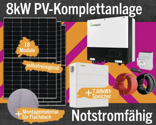 PV-Komplettanlage mit Speicher 7,68 kW (notstromfähig) 8 kWp inkl. Hybrid-Wechselrichter + Zubehör für Bitumen Flachdach Solarmodul-Set Anzahl Module 18 Stück