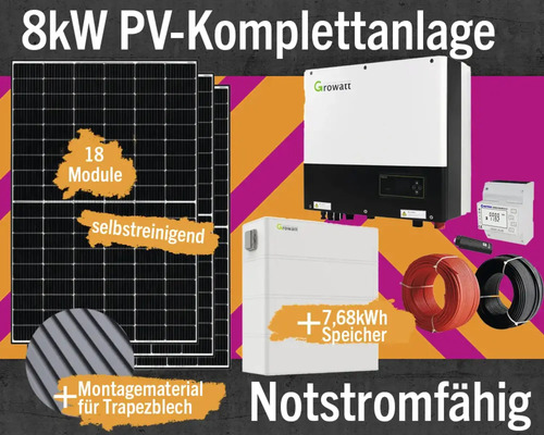 PV-Komplettanlage mit Speicher 7,68 kW (notstromfähig) 8 kWp inkl. Hybrid-Wechselrichter + Zubehör für Trapezblechdach Solarmodul-Set Anzahl Module 18 Stück