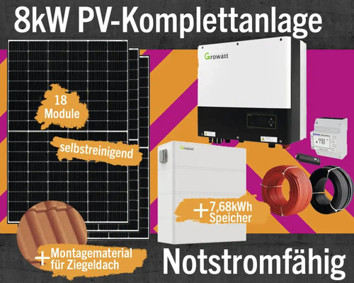 PV-Komplettanlage mit Speicher 7,68 kW (notstromfähig) 8 kWp inkl. Hybrid-Wechselrichter + Zubehör für Ziegeldach Solarmodul-Set Anzahl Module 18 Stück-0