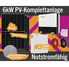 PV-Komplettanlage mit Speicher 7,68 kW (notstromfähig) 6 kWp inkl. Hybrid-Wechselrichter + Zubehör für Bitumen Flachdach Solarmodul-Set Anzahl Module 14 Stück-thumb-0