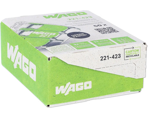 Wago 221-423 Verbindungsdosenklemme 4 mm² 3-Leiter Hebelklemme grün 50 Stück
