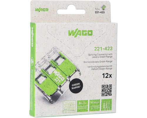 Wago 221-423 Verbindungsdosenklemme 4 mm² 3-Leiter Hebelklemme grün 12 Stück