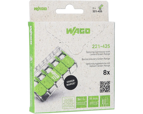 Wago 221-425 Verbindungsdosenklemme 4 mm² 5-Leiter Hebelklemme grün 8 Stück