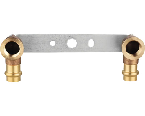 Pressfitting Montageeinheit 90 ° Kupfer Presskontur V + M 15 mm x 1/2 Zoll IG 100 mm DVGW für Kupferrohr Rohrhalterung mit zwei Pressfittings aus Metall
