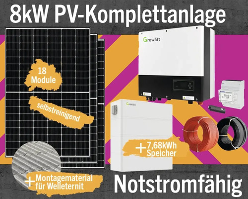 PV-Komplettanlage mit Speicher 7,68 kW notstromfähig 8 kWp inkl. Hybrid-Wechselrichter + Zubehör für Welleternit Anzahl Module 18 Stück-0