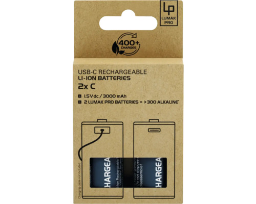 Lumak Pro USB-C wiederaufladbare Li-Ionen Batterien, 2er Packung C