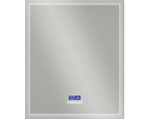 Rechteckiger Badezimmerspiegel mit digitaler Anzeige für Uhrzeit und Temperatur.