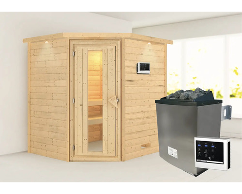 Massivholzsauna Karibu Mia inkl. 9 kW Ofen u.ext.Steuerung mit Dachkranz und Holztüre mit Isolierglas wärmegedämmt Massivholzsauna Karibu Mia inkl. 9 kW Ofen u.ext.Steuerung mit Dachkranz und Holztüre mit Isolierglas wärmegedämmt