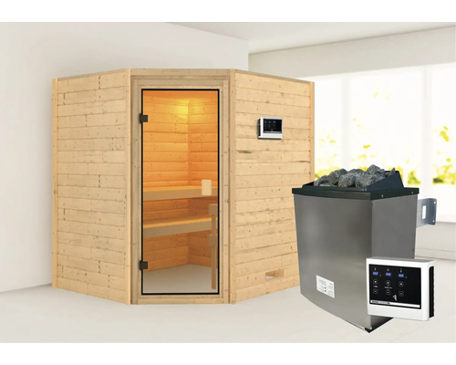 Massivholzsauna Karibu Mia inkl.9 kW Ofen u.ext.Steuerung ohne Dachkranz mit bronzierter Ganzglastüre Massivholzsauna Karibu Mia inkl.9 kW Ofen u.ext.Steuerung ohne Dachkranz mit bronzierter Ganzglastüre