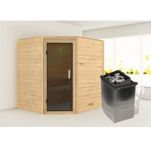 Massivholzsauna Karibu Mia inkl.9 kW Ofen u.integr.Steuerung ohne Dachkranz mit graphitfarbeneer Ganzglastüre