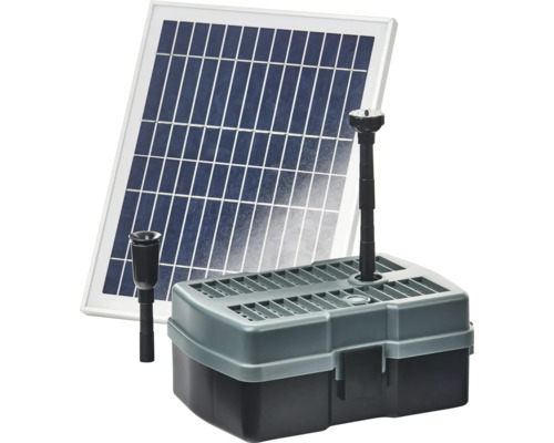 Teichfilterset HEISSNER Solarpumpen Set bis zu 600 l/h mit Wasserspiel , mit externem Solarmodul 3 m Anschlusskabel, integriertem UVC-Teichklärer 5 W für Teiche bis zu ca. 1000 l (ohne Fische)