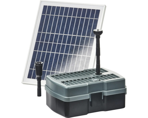 Teichfilterset HEISSNER Solarpumpen Set bis zu 600 l/h mit Wasserspiel , mit externem Solarmodul 3 m Anschlusskabel, integriertem UVC-Teichklärer 5 W für Teiche bis zu ca. 1000 l Solar Teichpumpe mit Solarmodul für den Gartenteich
