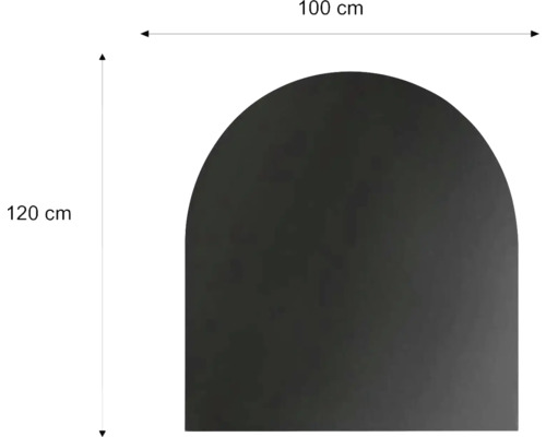 Funkenschutzplatte Stahl 120 x 100 cm halbrund schwarz Abbildung eines schwarzen Möbelfront mit den Maßen 100 mal 120 Zentimeter.