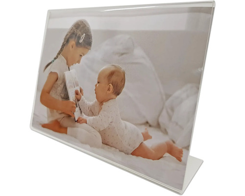 Portraitrahmen Acrylglas transparent quer 10x15 cm Tischaufsteller mit Foto von zwei Kindern