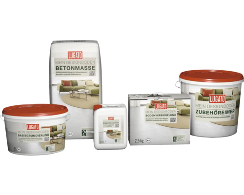 Lugato Mein Designboden Produkte: Betonmasse, Basisgrundierung, Bodenversiegelung, Bodenvoranstrich und Zubehöreimer