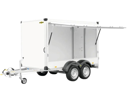 Weißer Anhänger mit geöffneter Seitenklappe