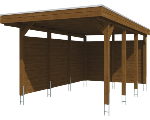 Holzcarport mit Seitenwänden und Metallpfosten