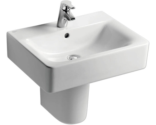 Weißes Waschbecken mit Armatur und Halbsäule