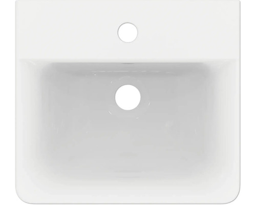 Aufsicht auf ein Waschbecken aus Keramik mit Hahnloch