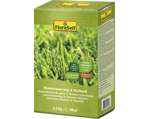 Nachsaatrasen FloraSelf Rasenerneuerung 1,2 kg für 50 m² FloraSelf Rasenerneuerung und Nachsaat Packung 1,2 Kilogramm für 50 Quadratmeter